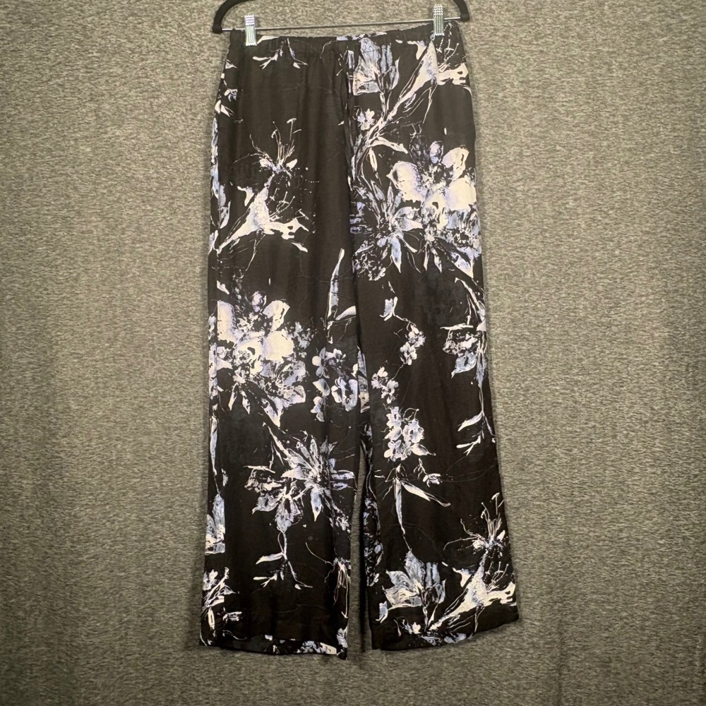 Chico's Floral Linen Blend Wide Leg Pants Black Blue White Size 1 Medium